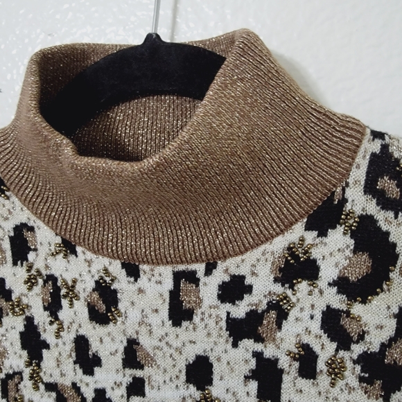 Lisa Originals Animal Print Gold Black Cream Beaded Knitted Blouse Top Sz L - Picture 8 of 14